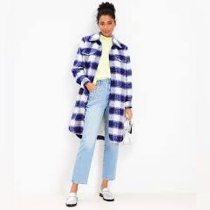 NWT ANN TAYLOR LOFT Blue & White Buffalo Plaid Brushed Long Shacket